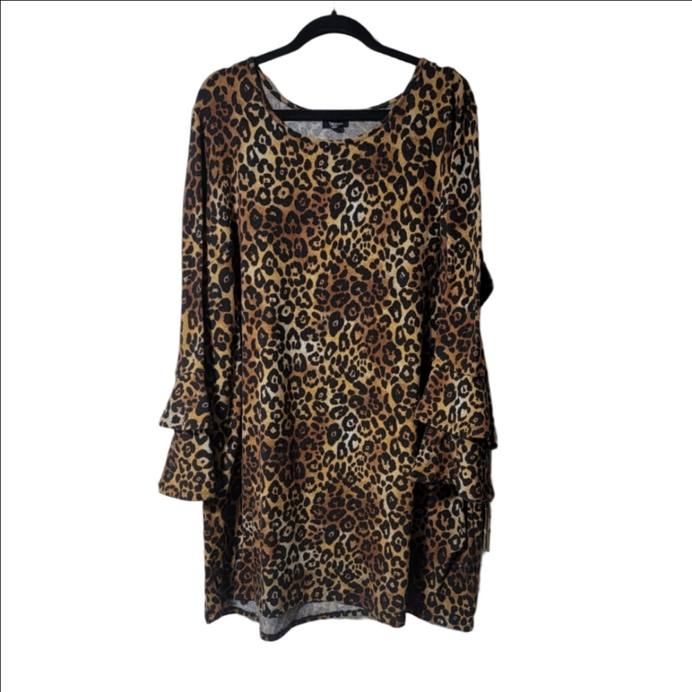 TACERA Leopard Print Tunic Sweater Or Mini Sweater Dress, Size 3X Ruffle Sleeves